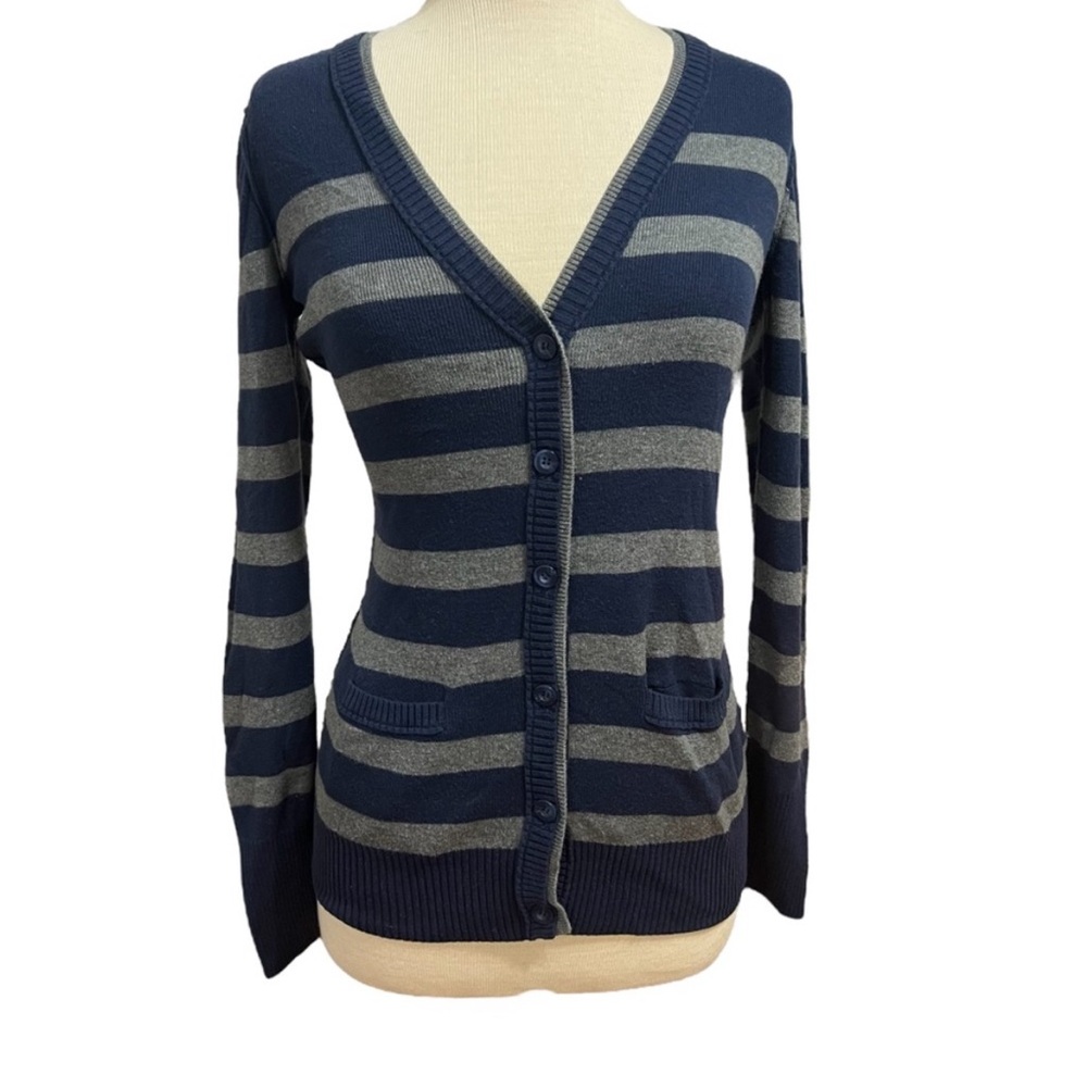 Aeropostale Striped Cardigan, V-Neck, Button-Down,  Navy and Gray, Small, (PM7)